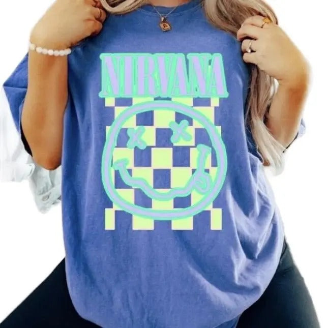 Blue Nirvana Smiley graphic tee on Oversized Womenswear Top Comfortable, shirt hot trend 2025