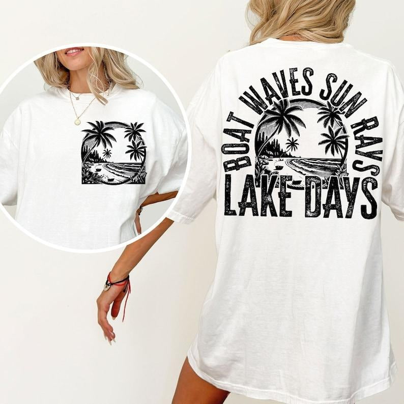 Boat Waves Sun Rays Lake Days Lake Shirt Retro Summer Hello Summer Beach Retro Lake Summer