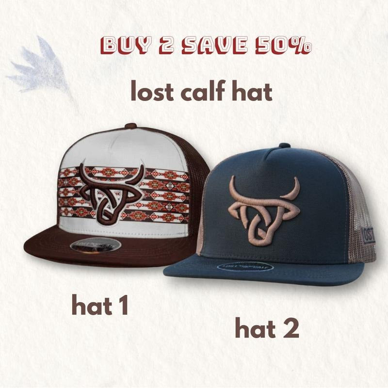 BUY 1 GET 1 FREE Combo 2 Western Hat Vintage Lost Calf - Koda White/Brown Flat Bill Hat, Lost Calf-Heck Flat Bill Country hat-NEW
