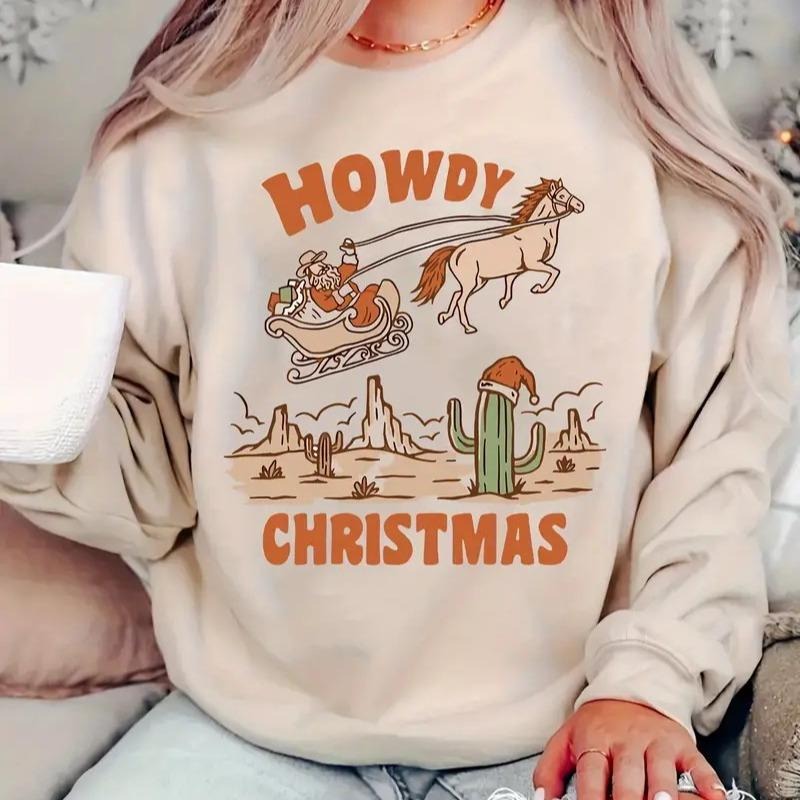 Casual Crew Neck Sweatshirt for Women - Long Sleeve Christmas Graphic Knit Pullover - Western Howdy Christmas