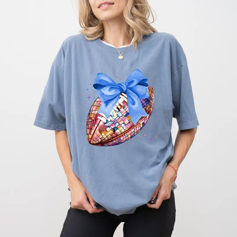 Comfort Colors Custom Coquette Bow Football Shirt, Cheerleading Graphic Printed Tees, Cheerleader Tshirt for Women, Girly Football Tees for Girls, Custom Team Game Day Tshirt, Touchdown Season Shirt, Women's Tops, Casual Womenswear, Solf Fabric Chic Style