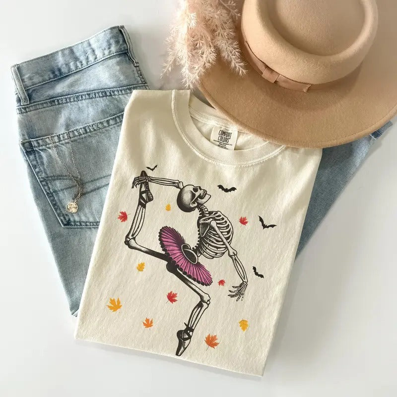 Comfort Colors Dancing Skeleton Shirt, Halloween T-Shirt, Fall Tee, Pumpkin Shirt, Retro Halloween Shirt, Ballet Skeleton, Halloween Party T-Shirt