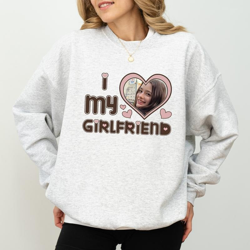 Custom Photo I Love My Boyfriend Sweatshirt, I Love My Girlfriend Crewneck, I Heart My Wife Pullover, Valentine's Day Gifts for Him, Soft Cotton Tops