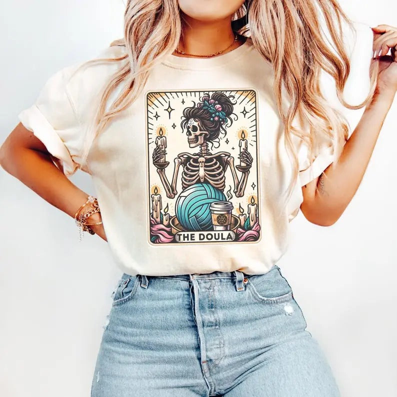 Funny Doula Shirt, Doula Tarot Card Shirt, Birth Doula Tee, Postpartum Doula Halloween T-Shirt, Doula Gift, Gift for Doula Streetwear Cotton Printed
