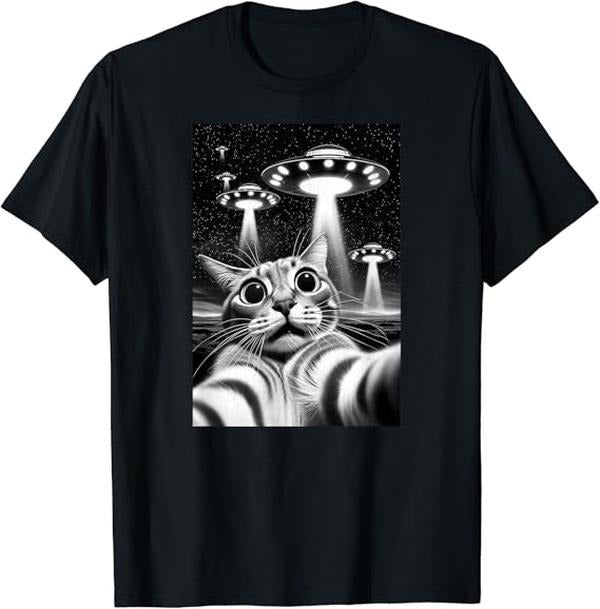 Funny Meme Shirts For Men, Funny Invasion Meme Retro Alien Cat UFO Selfie T-Shirt Menswear Top