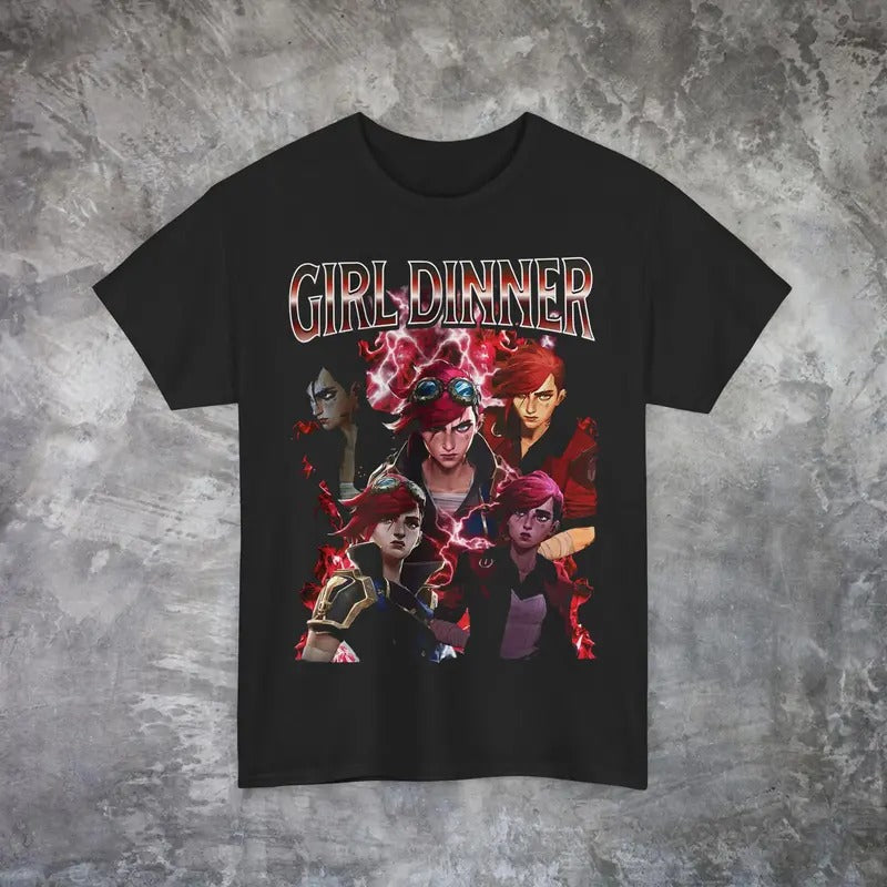 Girl Dinner Vi Arcane Vintage T-Shirt, League of Legends Shirt Anime Apparel ,Gift For Movies Lovers Casual Clothing Fabric Menswear Top Sweatshirts