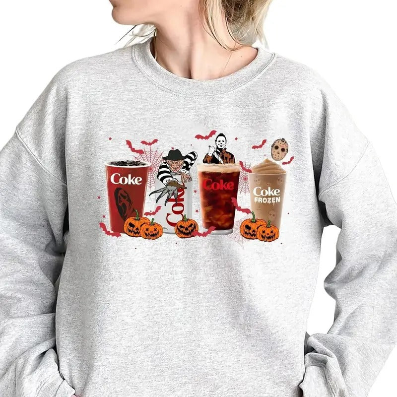 Halloween Coke Crewneck Sweatshirt Hoodie, Funny Coke Horror Characters Halloween Shirt, Retro Halloween T-Shirt, Halloween 2024 Gifts