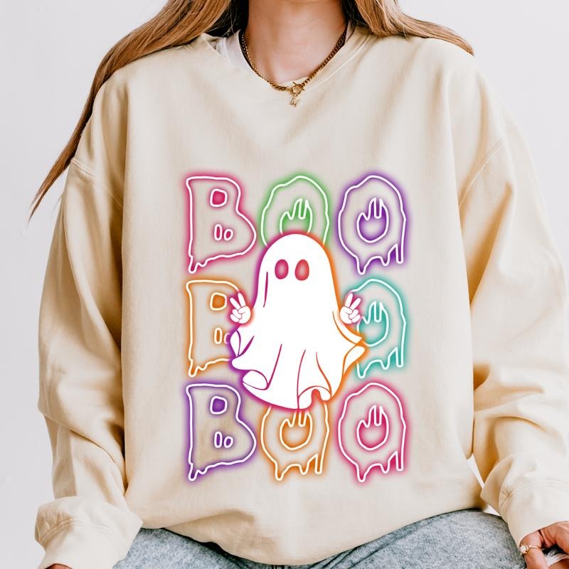 Halloween Crewneck, Neon Boo Ghost Sweatshirt, Spooky Season Graphic Oversized Halloween Graphic Crewneck, Cotton Pullover Spooky Season Sweater