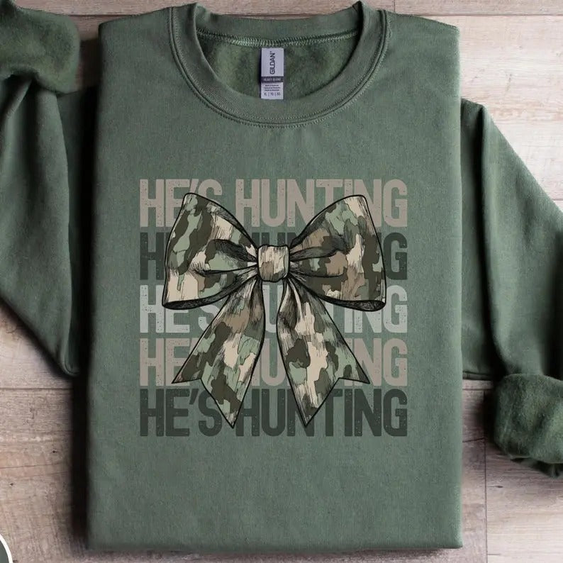 He's Hunting Coquette Bow Sweatshirt, Hunting Season Widow, Deer Hunter Gift, Hunter Sweater, Hunters Wife Shirt, Gift for Fiancee, Camo Bow
