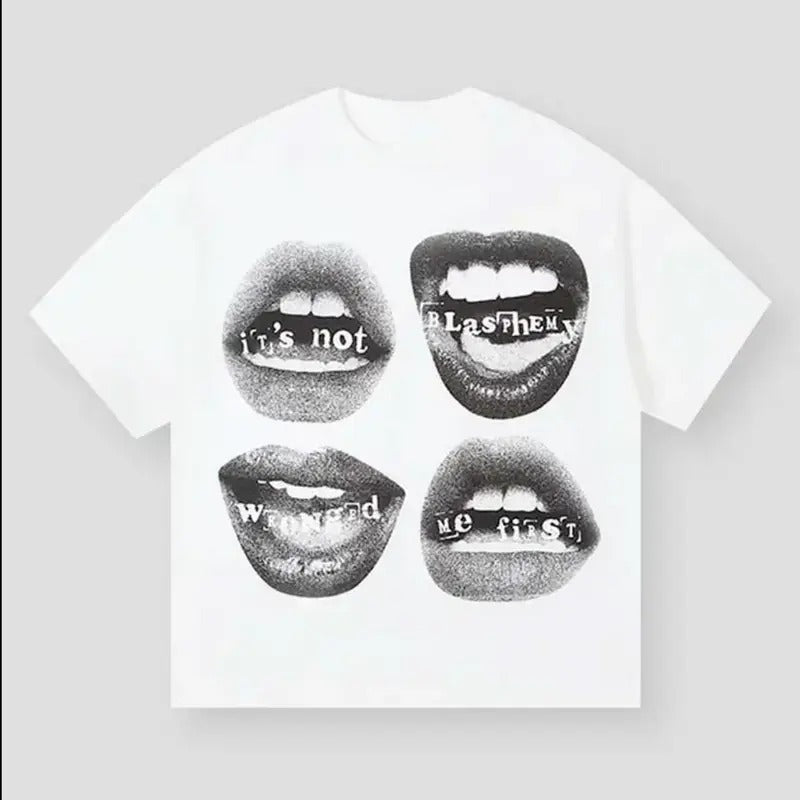 Lip and Text Printed T-shirt, Fashion Graphic Statement Tee