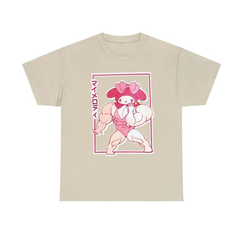 My Melody Muscular Sanrio Meme T-shirt, Vintage 90s style top clothing, Unisex graphic Streetwear shirts
