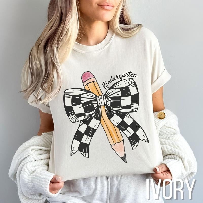 Personalized Back to School Teacher Comfort Colors Shirt, Retro Teacher Coquette Pencil Bow Tee, Customized Name Teacher Shirt Gifts Cotton Fit