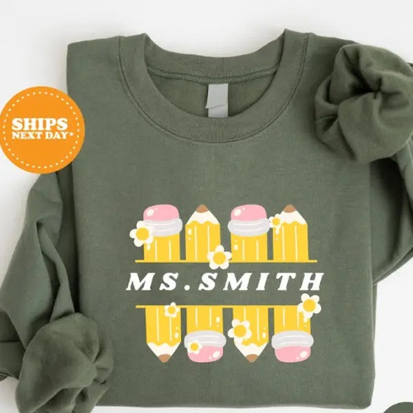 Personalized Teacher Sweatshirt, Retro Teacher Pencil Sweatshirt, Gift for Teacher, Mrs Custom Teacher