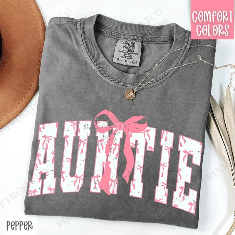 Pink Auntie Bow Shirt Comfort Colors, Women's Tee, Cute Women's Tshirt