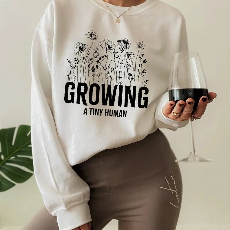 Premium Growing A Tiny Human Sweatshirt, Cute Pregnancy Announcement Shirt, Funny Maternity Tshirt, New Mom Gift, Baby Shower Gift For Mom