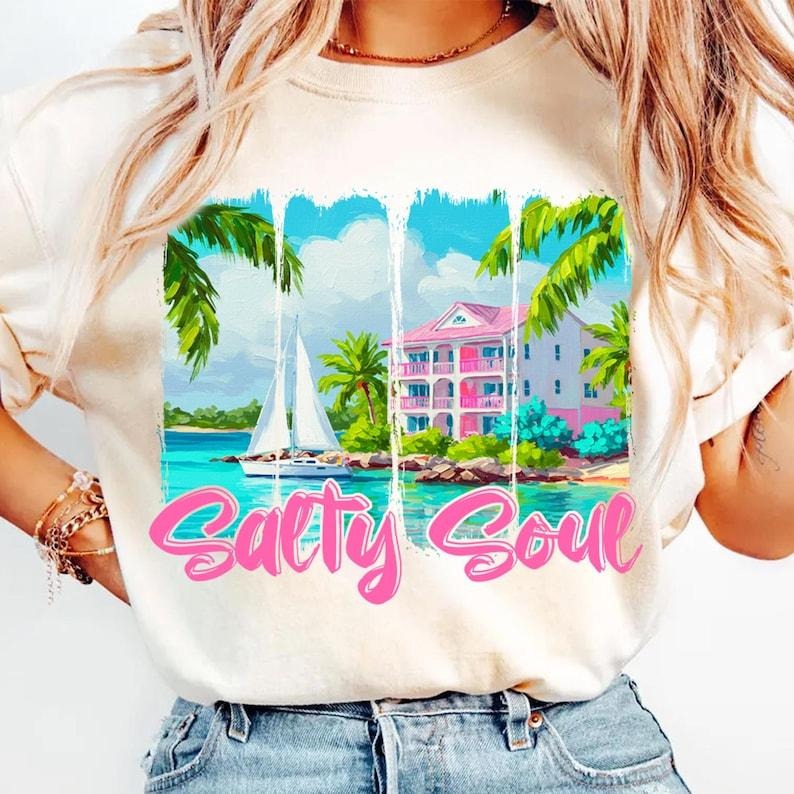 Preppy Summer Salty Soul Funny Pink Hot Beach Aesthetic Trendy T-Shirt