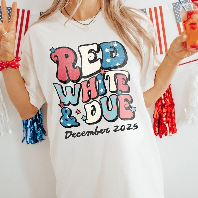 Red White and Due 4th of July Pregnancy Announcement Shirts Matching Fourth of July Gender Reveal Tees Personalized