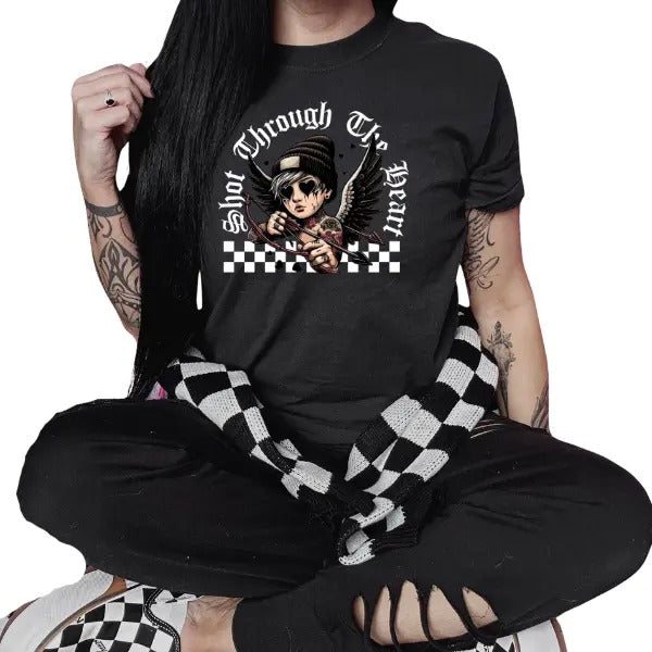 Shot Through the Heart Black Crewneck Sweatshirt, T Shirt, or Hoodie Pullover | Punk, Alt, Grunge, Goth, Skeleton Style, Valentine's Day Gift