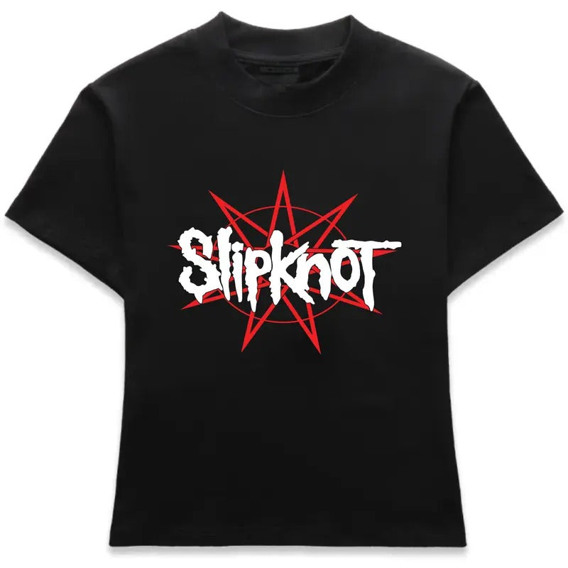 SlipKnot Baby Tee Y2k Letter Star Printing 90s Baby Tee Oneck Short Sleeve Clothes Shirt, Clothing Graphic Top Streetwear EMO Girl Streetwear