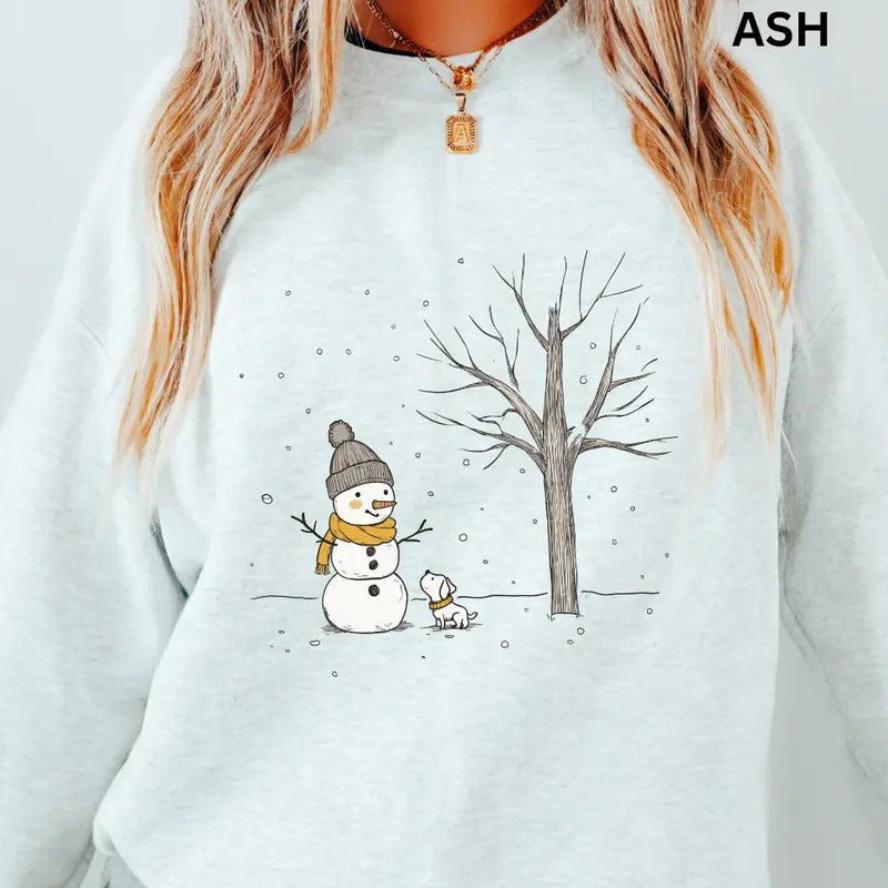 Snowman and dog Crewneck christmas Christmas Winter Graphic Long Sleeve Casual Cotton Polyester Oversized sweatshirt - Comfort Womenswear Comfortable