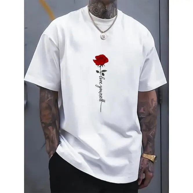 Summer Casual Crew Neck Cotton Tee Shirt for Men - Soft Slight Stretch Fabric, Alphabets Pattern, Machine Washable, Regular Fit, Knit Fabric - Perfect for Hot WeatherMade in USA