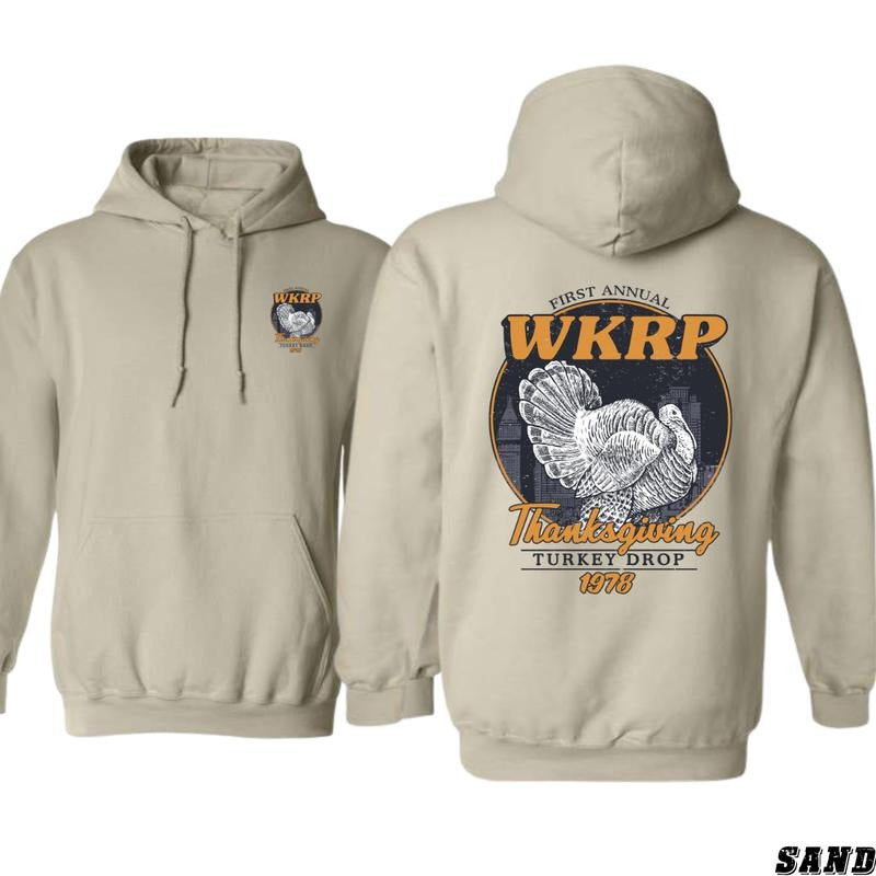 Unisex WKRP Thanksgiving Hoodie with Retro Turkey Drop Design - hoodies for men, Menswear, Sweatshirts