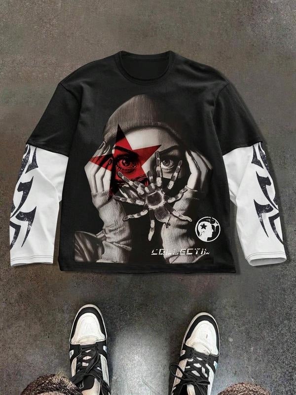 Unisex's Graphic Print 2 in 1 Long Sleeve Tee, Regular Fit Street Fashion Casual Comfy Round Neck Pullover for Daily Wear, Trendy Top for Spring & Fall