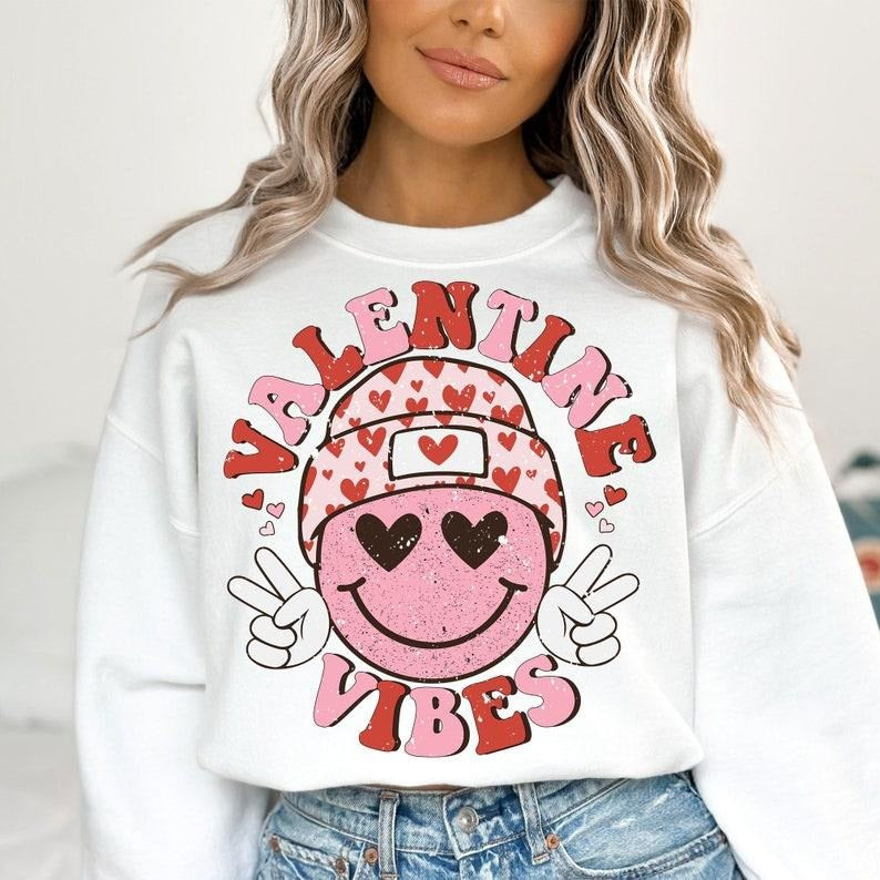Valentine Vibes Sweatshirt, ValentineDay Sweatshirt, Smiley Face Sweatshirt, Retro Valentines Shirt