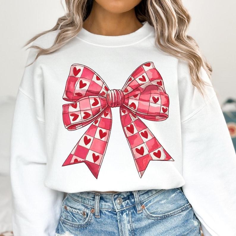 Valentines Day Heart Coquette Bow Sweatshirt Checkered Valentine , Retro Valentine , Valentine mama , Coquette , Love , Cupidstyle{n002}2