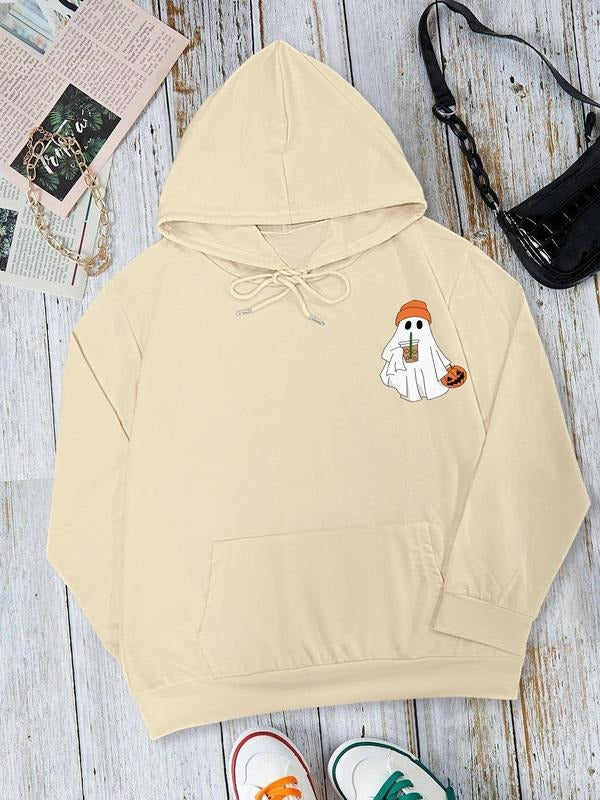 Women's Cartoon Ghost & Pumpkin Print Drawstring Pocket Hoodie, Casual Long Sleeve Hooded Sweatshirt for Fall & Winter, Women's Clothes for Daily Wear