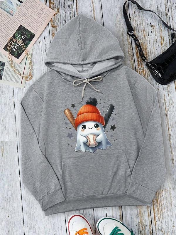 Women's Ghost Print Drop Shoulder Hoodie, Fashion Casual Drawstring Pocket Hooded Sweatshirt for Daily Holiday Outdoor Wear, Women Clothing for Fall & Winterstyle{n002}2