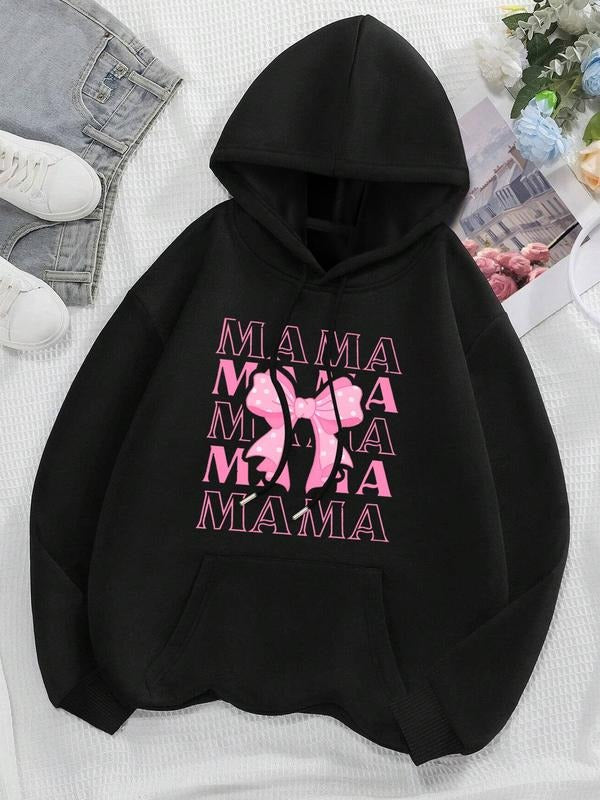 Women's Letter & Bow Print Drop Shoulder Thermal Lined Hoodie, Fashion Casual Drawstring Pocket Hooded Sweatshirt for Daily Holiday Outdoor Wear, Women Clothing for Fall & Winter