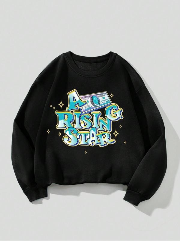Women's Letter & Star Print Round Neck Graphic Sweatshirt, Fashion Casual Crew Neck Long Sleeve Pullover for Daily Wear, Women's Clothing for Fall & Winter