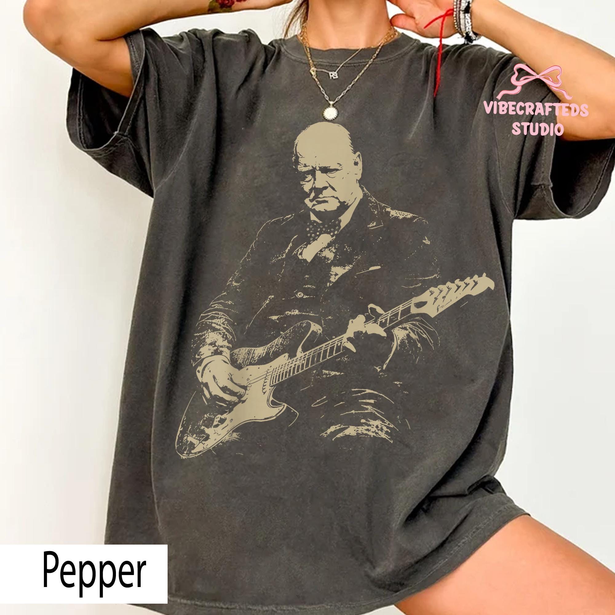 Winston Churchill Playing Electric Guitar Vintage Rocker Humor Tee Historical Comfort Colors Tee (1)
