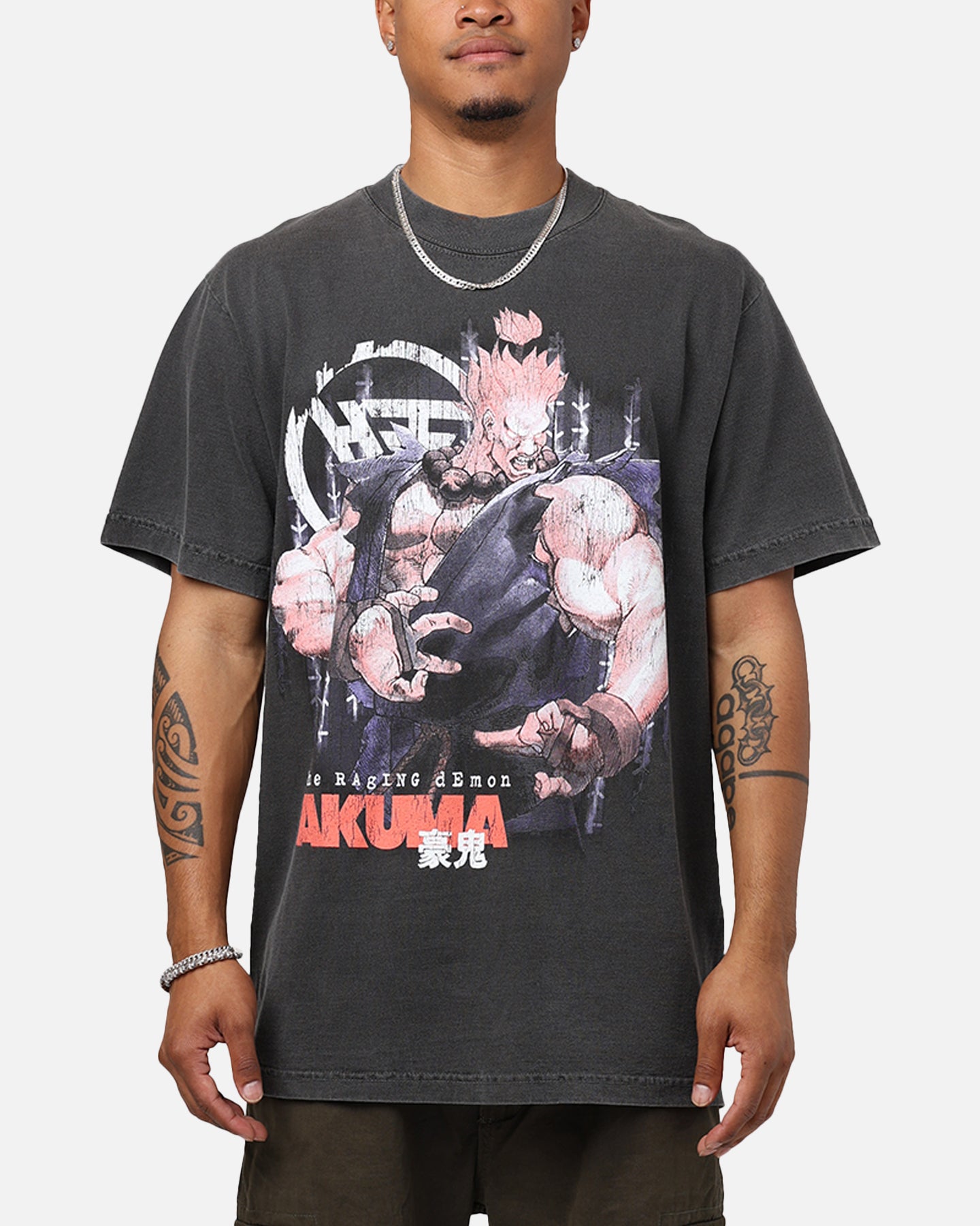 Hypland X Street Fighter Akuma T-Shirt Washed Black Hoodie, Sweatshirt | PureTeeCo.com (Image 1)