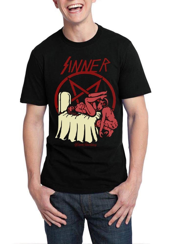 Sinner Half Sleeve Black T-Shirt Hoodie, Sweatshirt | PureTeeCo.com