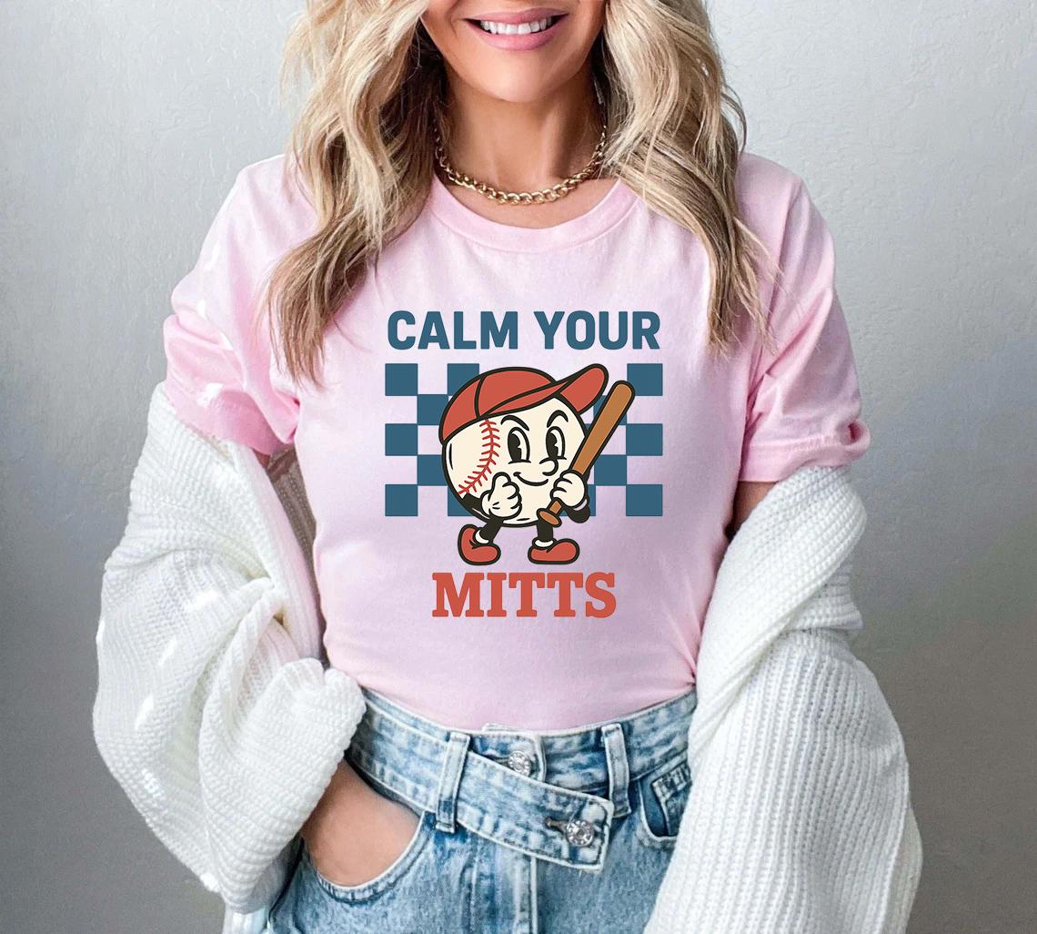 Baseball Calm Mitts Vintage Cartoon Retro Baseball Humor Tee Baseball Lovers Coach Player Tee (2)