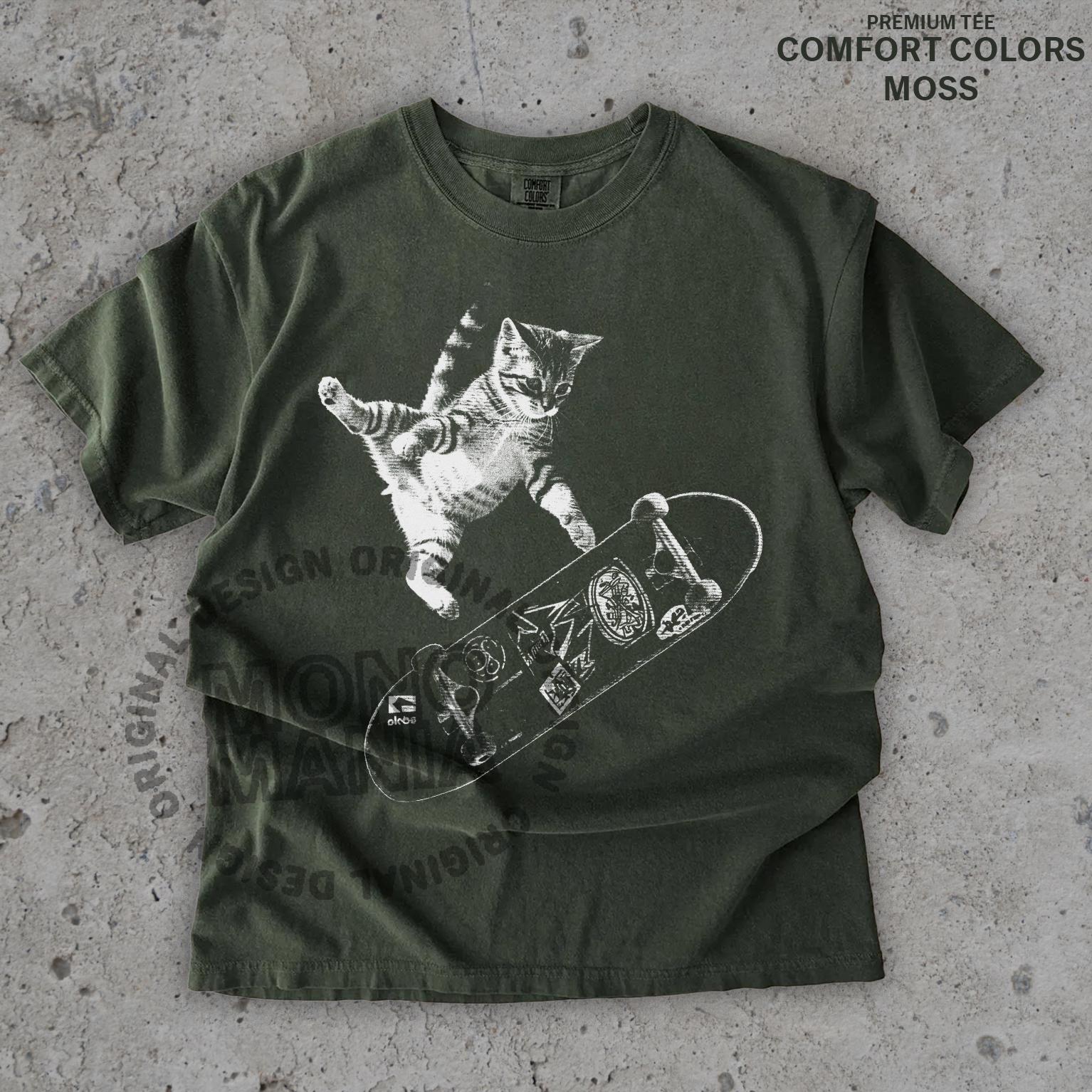 Retro Skateboarding Cat Vintage Kitten Punk Streetwear Tee Y2k Oversized (2)