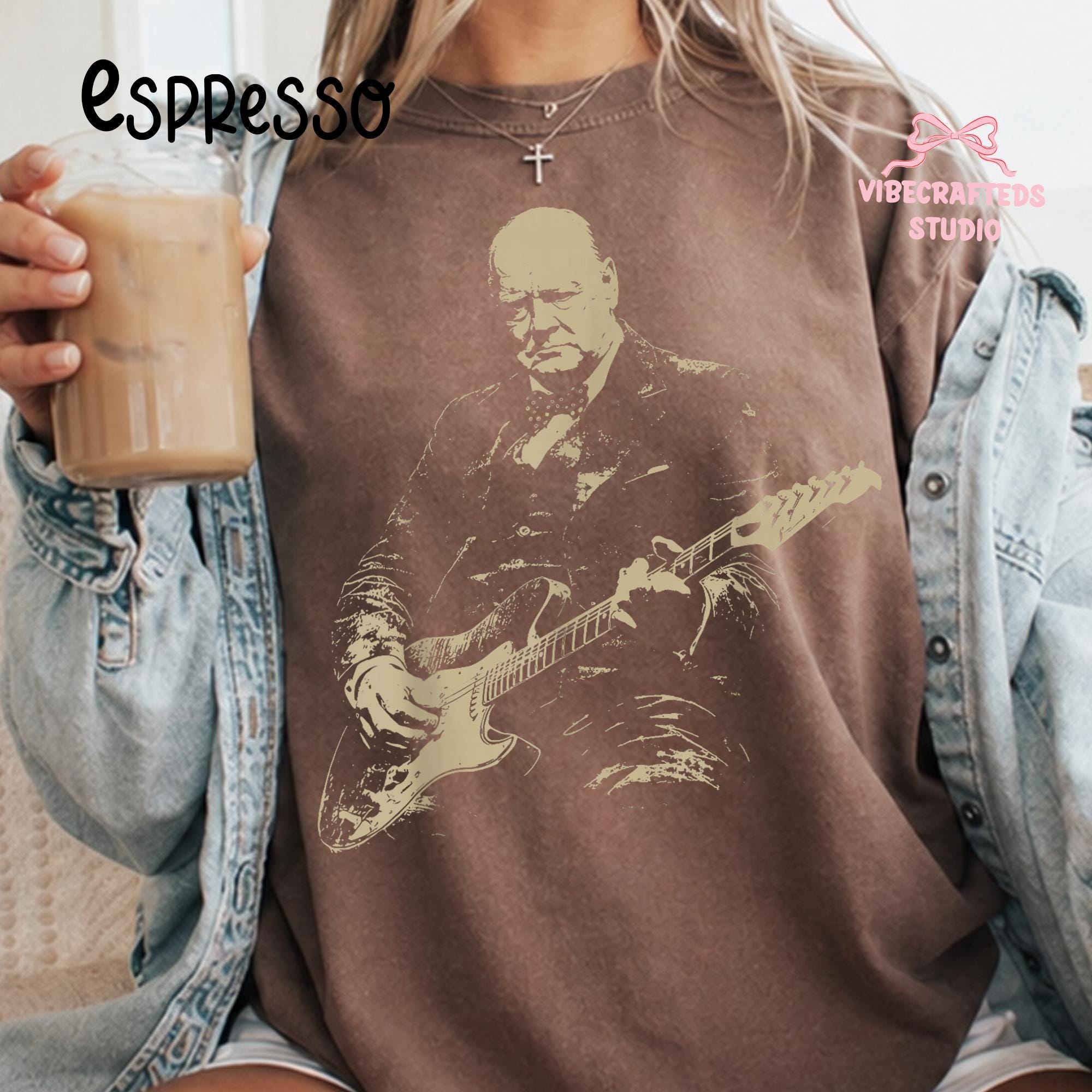 Winston Churchill Playing Electric Guitar Vintage Rocker Humor Tee Historical Comfort Colors Tee (2)