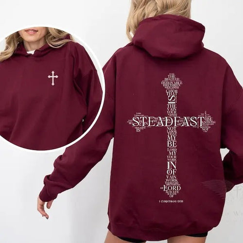 1 Corinthians 15:58 Bible verse words on back cross hoodie, Christian faith hoodie, trendy Christian hoodie, Christian...