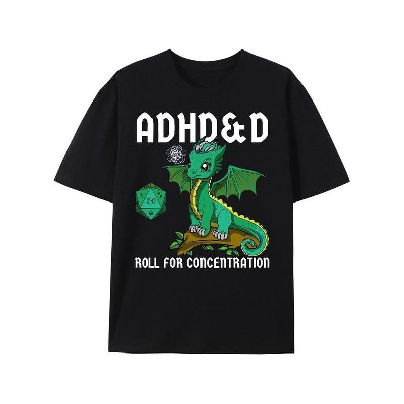 [100% Cotton] ADHD&D Roll For Concentration Men's Cotton Printed T-Shirt Featuring Cute Dragon Hoodie, Sweatshirt