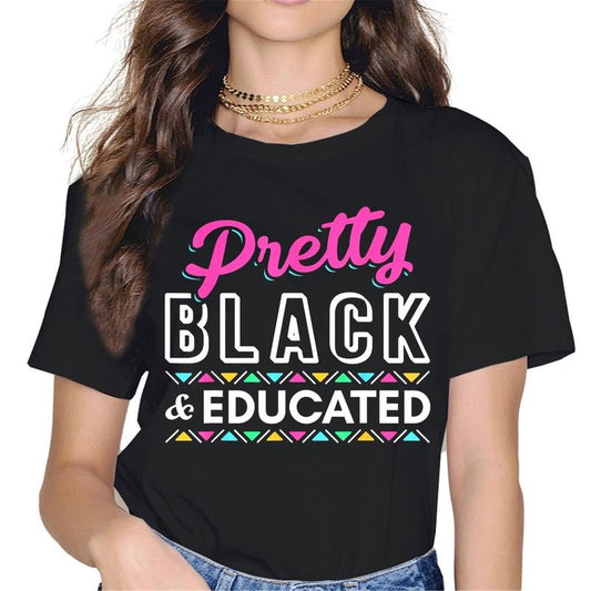 [100% Cotton] African American Month Women Tops T-Shirt Pretty and Educated Graphics Shirt Casual Short Sleeve Crew Neck Shirts Gift Tee Black