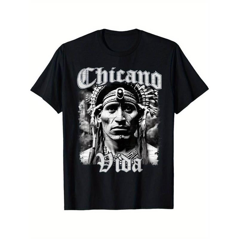[100% Cotton] Chicano Vida retro Aztec Native American Mexican T-shirt. Men's personalized design