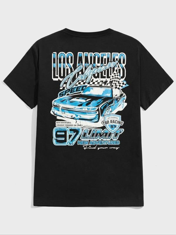 [100% Cotton] Men's Cartoon Car Graphic Print Round Neck Tee, Regular Fit Casual Fashion Short Sleeve T-shirt for Daily Wear, Streetwear, Back To School Tee, Graphic Tees, Men Summer Top