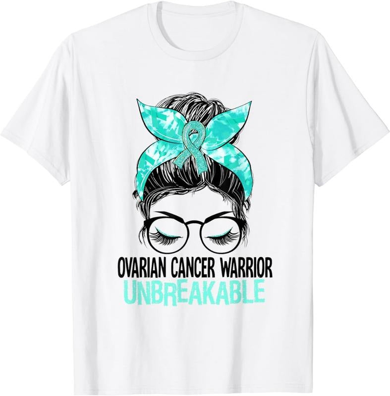 [100% Cotton] Messy Bun Teal Ribbon Ovarian Cancer Warrior Unbreakable T-Shirt Hoodie, Sweatshirt | PureTeeCo.com