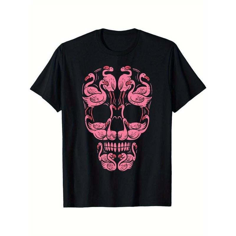 [100% Cotton] Pink Flamingo Skull Breast Cancer Awareness Halloween Men's Crew Neck Shirt Summer Comfortable Casual Short...