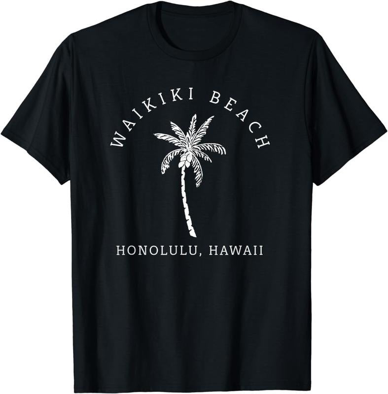 [100% Cotton] Retro Cool Waikiki Beach Hawaiian Island Palm Tree Souvenir T-Shirt