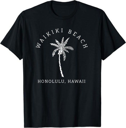 [100% Cotton] Retro Cool Waikiki Beach Hawaiian Island Palm Tree Souvenir T-Shirt