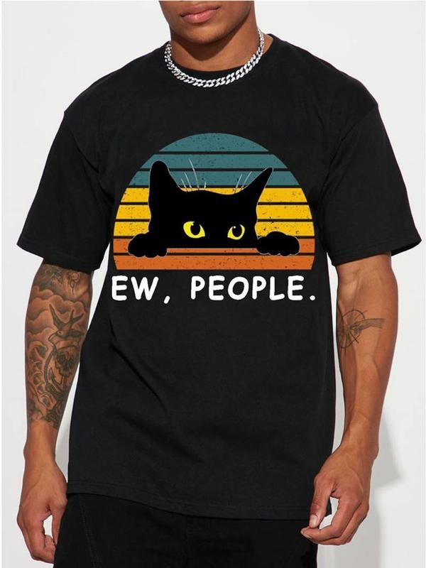 [100% Cotton] Stylish Black Cat Graphic Tee - Men's Casual Short Sleeve Crew Neck T-Shirts for Summer Holiday Gift