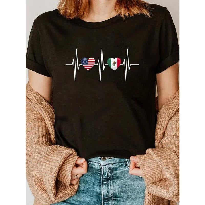 [100% Cotton] USA Mexico Shirt Heartbeat America Mexican Flag Heart T-Shirt Casual Short Sleeve Shirt Hoodie, Sweatshirt
